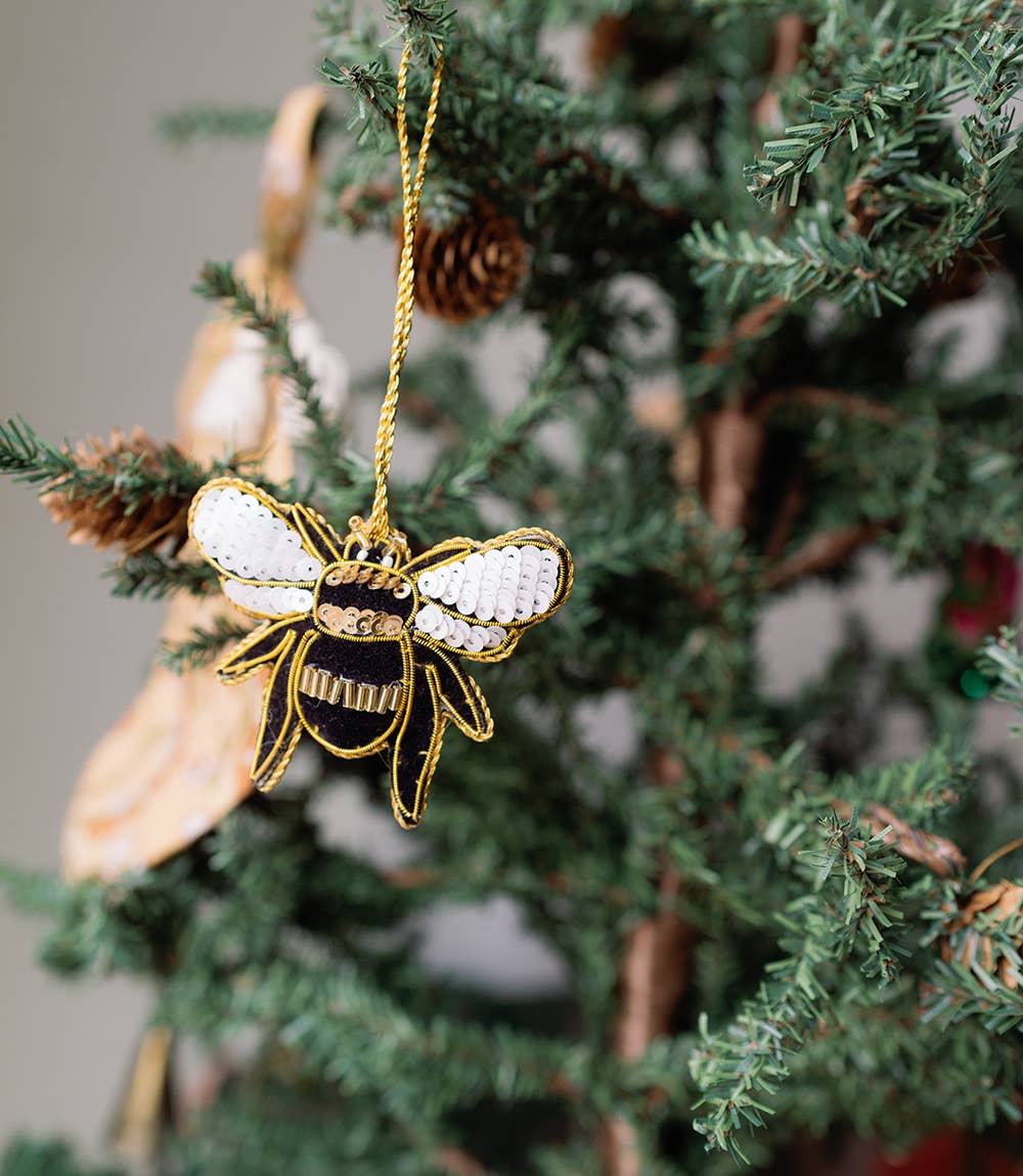 Matr Boomie Fair Trade: Larissa Plush Bee Beaded Felt Ornament - Embroidered - Image 2